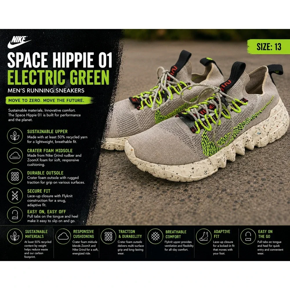 Nike Space Hippie 01 Electric Green Men's Size 13 Grey Athletic Shoes DJ3056-004